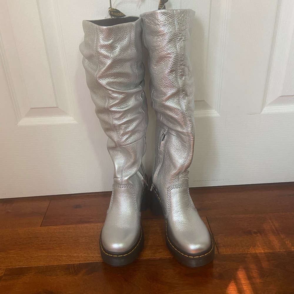 Dr. Martens Silver Metallic Knee-High Heeled Boots